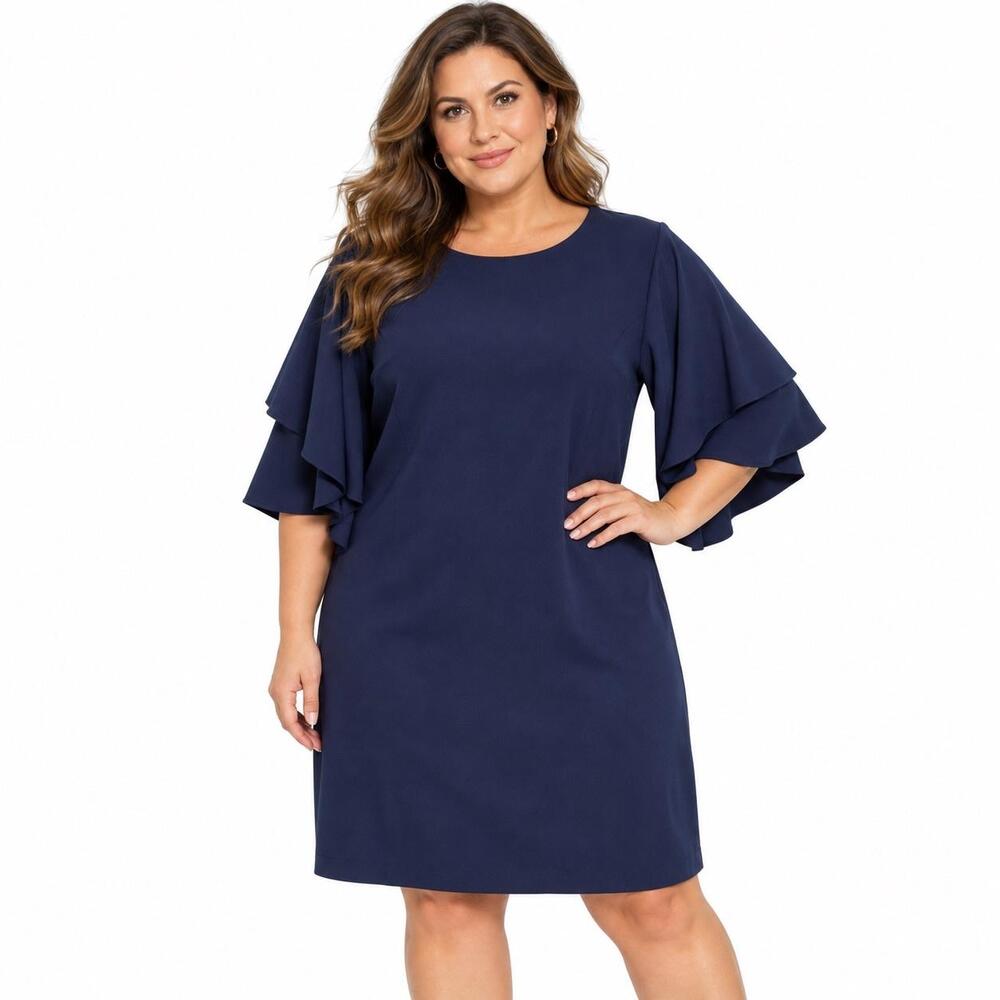 Lauren Ralph Lauren Dress Womens 18 Blue Ruffle Flutter Sleeve Shift Knee Length